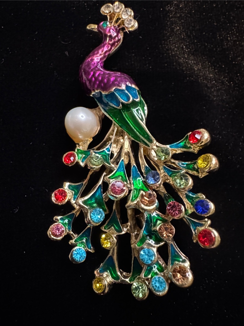 Multicolor Peacock Enamel Brooch/Pendant with Real Pearl Accent